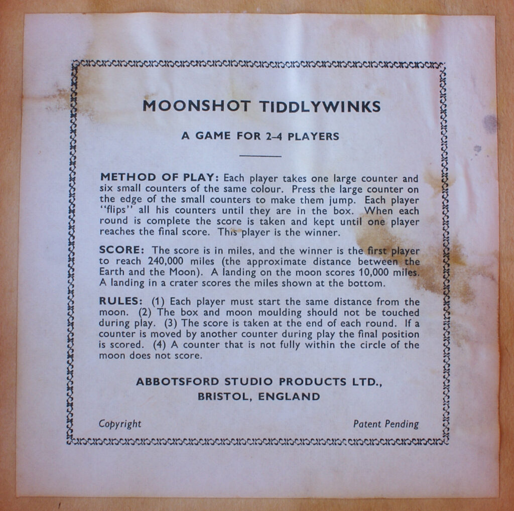 Tucker Tw ID • ABB-01c1 — publisher • Abbotsford Studio Products Ltd.  — title • Moonshot Tiddlywinks