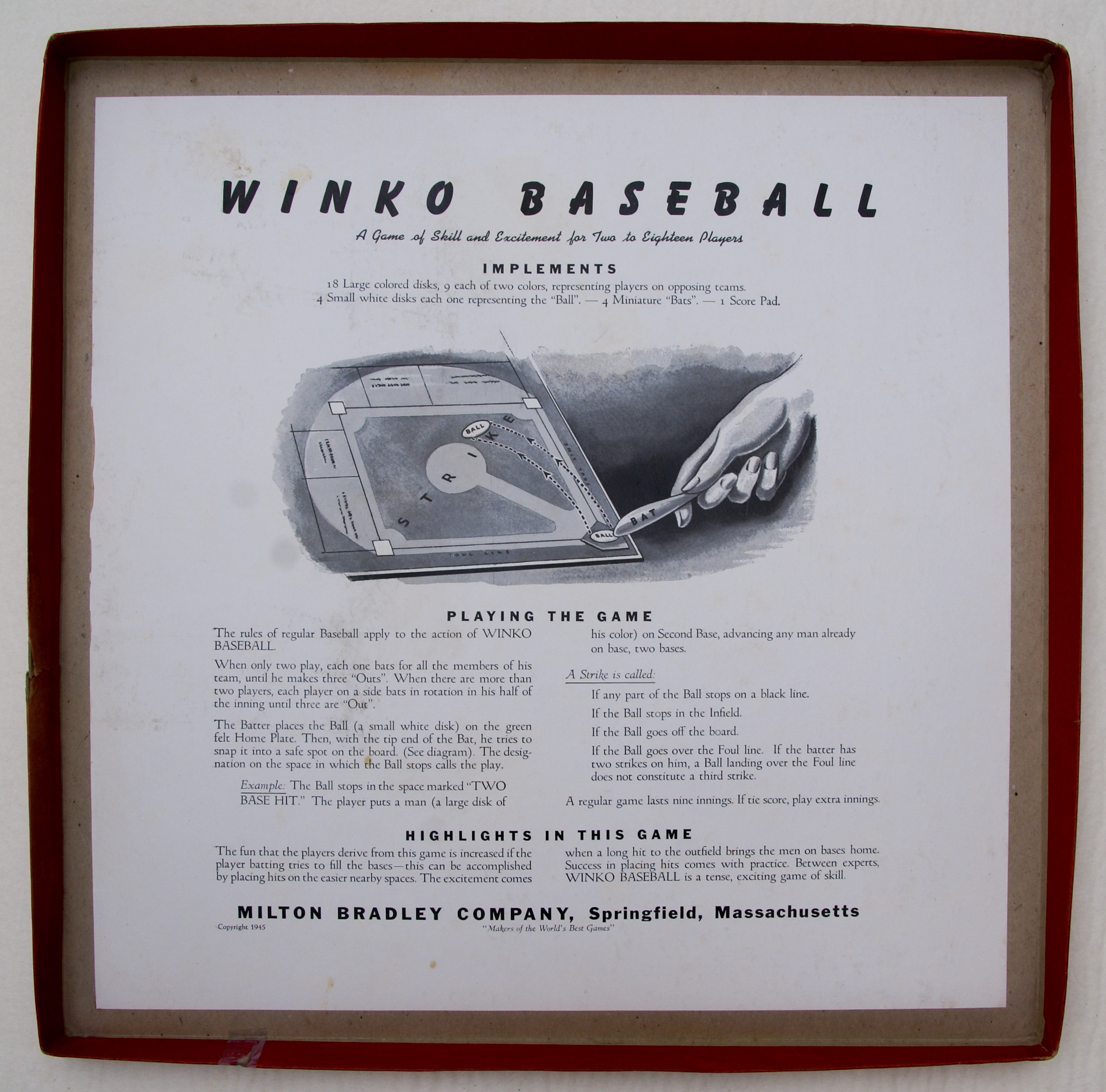 Tucker Tw ID • BRA-01c4 or BRA-44 (check) — publisher • Milton Bradley Company — title • WINKO BASEBALL