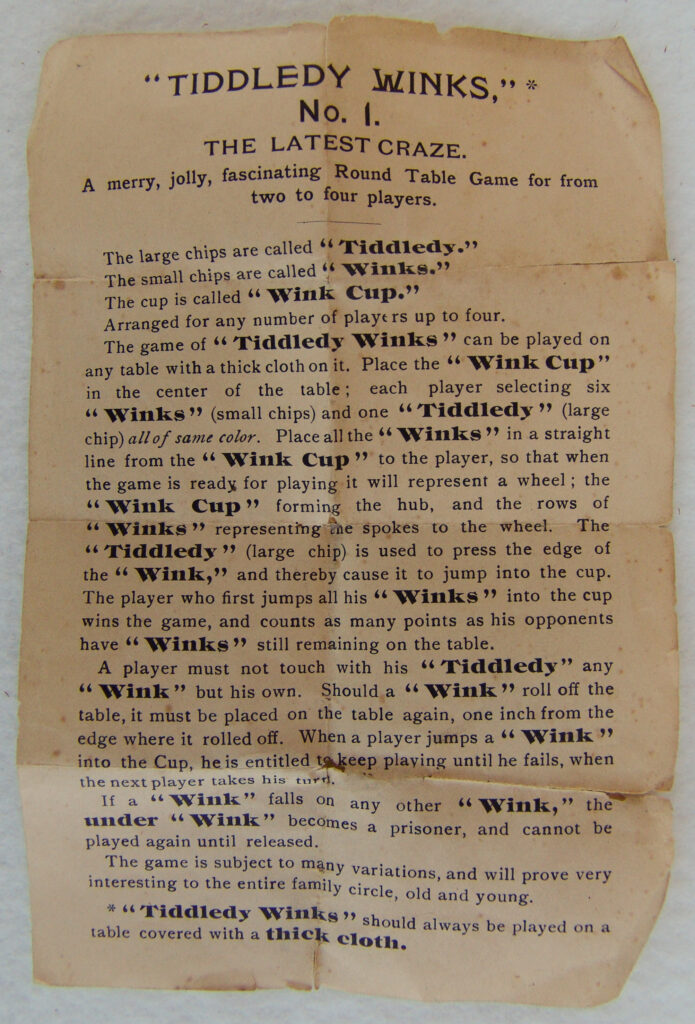 Tucker Tw ID • IBW-01c4 — AGPI ID • G-29864c4 — publisher • I.B. & W. Co. — title • TIDDLEDY WINKS - The New Merry Round Game. - COMICAL - AMUSING - NEW - I.B. & W. CO. — notes • Publisher catalog number 1 (on rules). — keywords • game, game instructions, gc-image