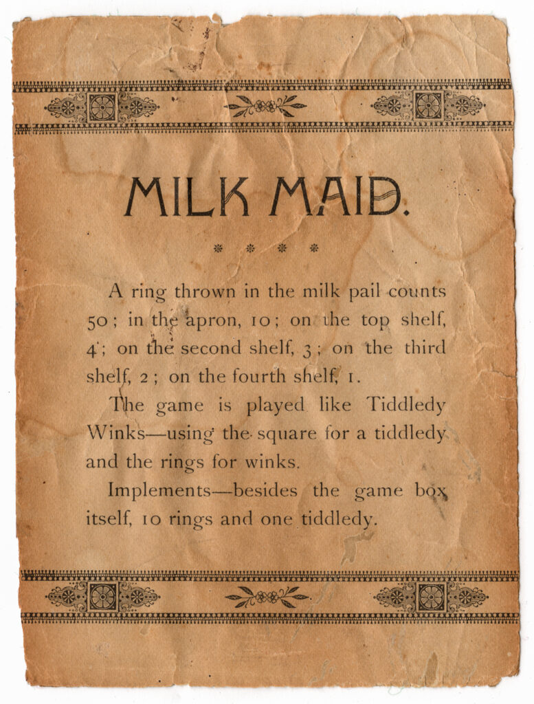 Tucker Tw ID • SRI-13c2 — AGPI ID • G-30046c2 — publisher • Selchow & Righter (unmarked, job — title • MILK MAID — notes • Wooden box with hinged top.