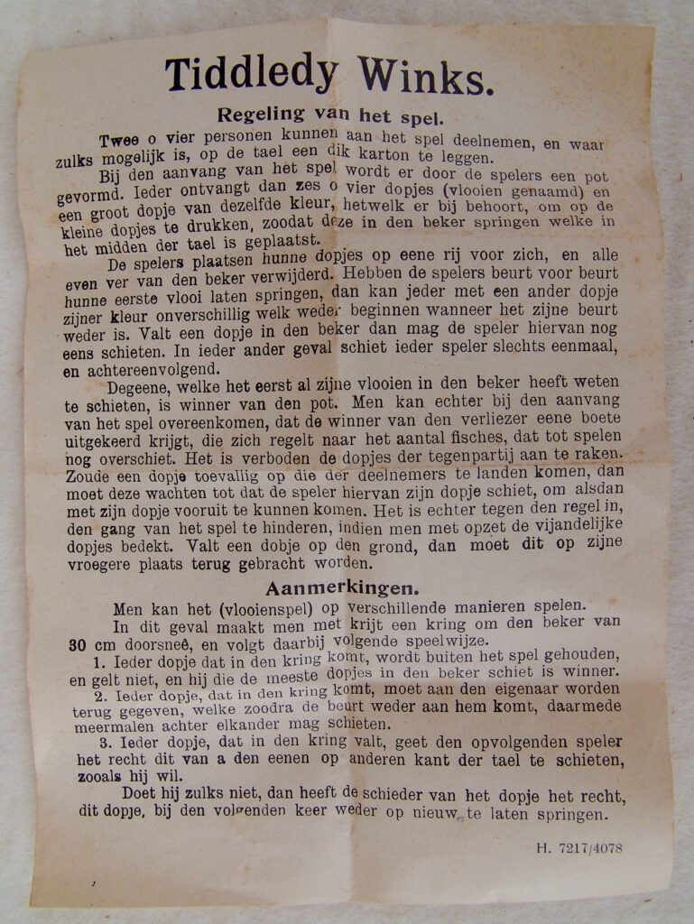 Tucker Tw ID • UNK-026c1 — AGPI ID • G-30127c1 — publisher • (unknown, Netherlands) — title • Tiddledy Winks — notes • Publisher catalog number: H. 7217/4078. Rules in Dutch.