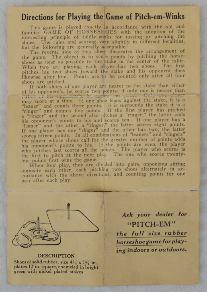 Tucker Tw ID • WAL-01c3 — publisher • Walbert Mfg. Co., Chicago — title • PITCH-EM-WINKS THE TABLE HORSE SHOE GAME