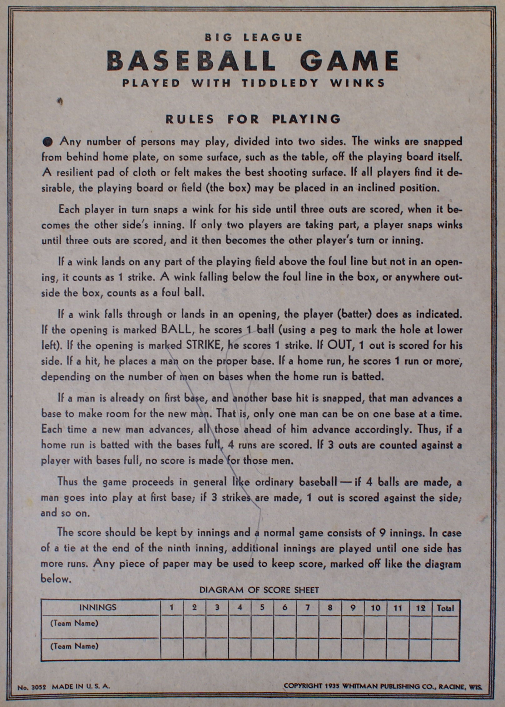 Tucker Tw ID • WHI-01 — publisher • Whitman — title • BIG LEAGUE BASEBALL GAME - played with TIDDLEDY WINKS